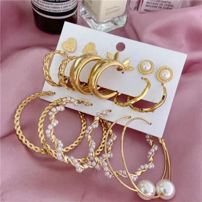 Big Pearl Circle Geometric Drop Earrings Set 